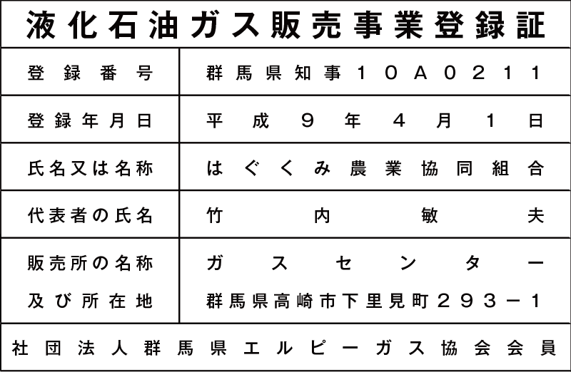 液化石油ガス販売事業者登録証