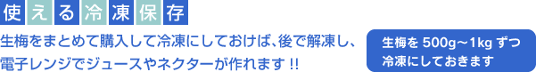 使える冷凍保存　生梅をまとめて購入して冷凍にしておけば、後で解凍し、電子レンジでジュースやネクターが作れます!!（生梅を500g〜1kgずつ冷凍にしておきます）